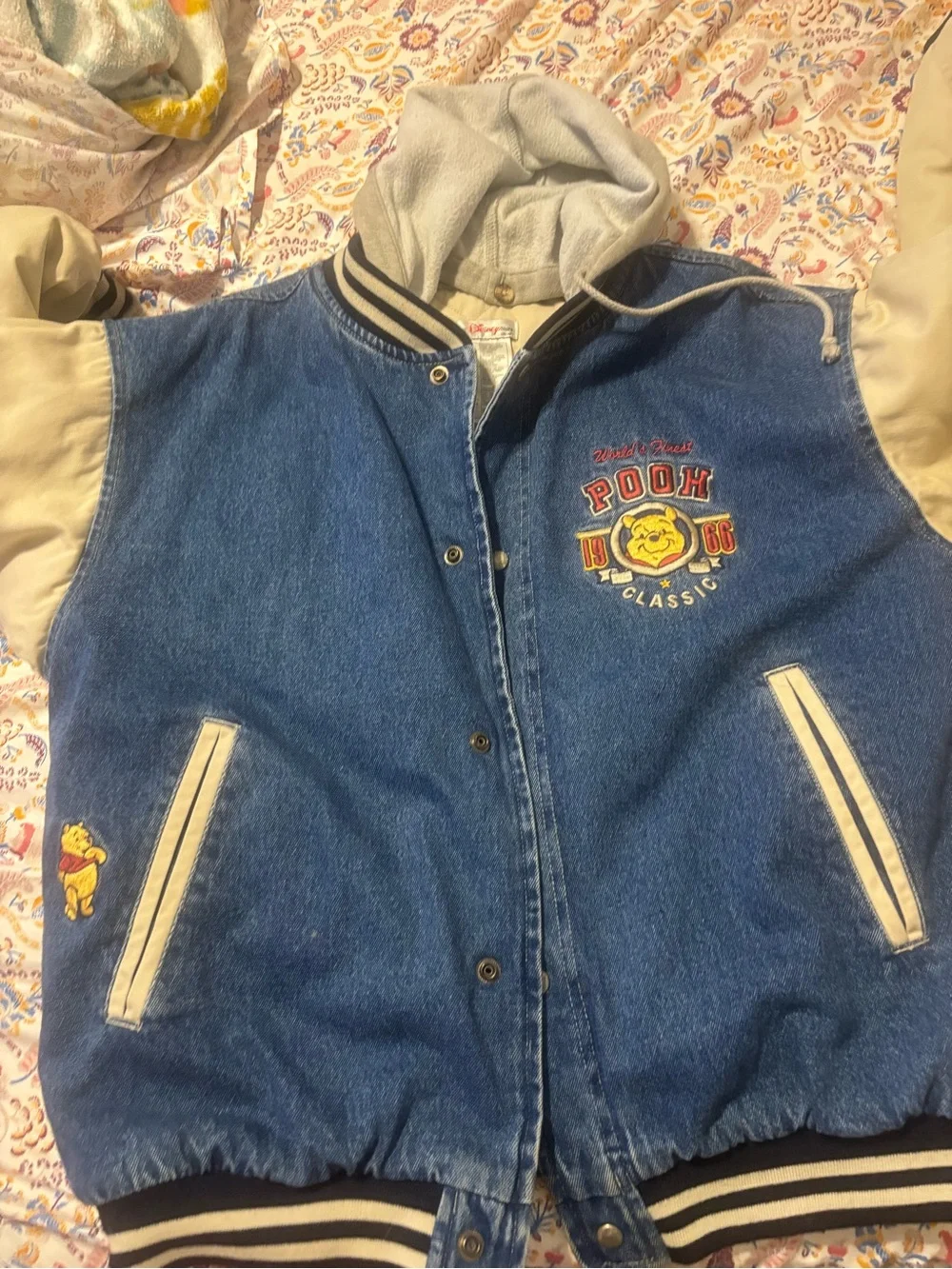 Disney atore adult jacket  Denim Pooh Hooded Jacket with Cream Sleeves #9
